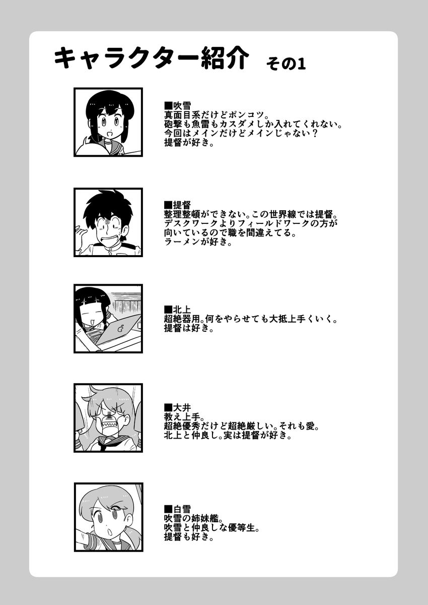 冬コミの吹雪と提督入れ替わり本のサンプルです。今回恐らく始めてキャラ紹介入れられたと思う…。後でpixivにも上げるかもー 
