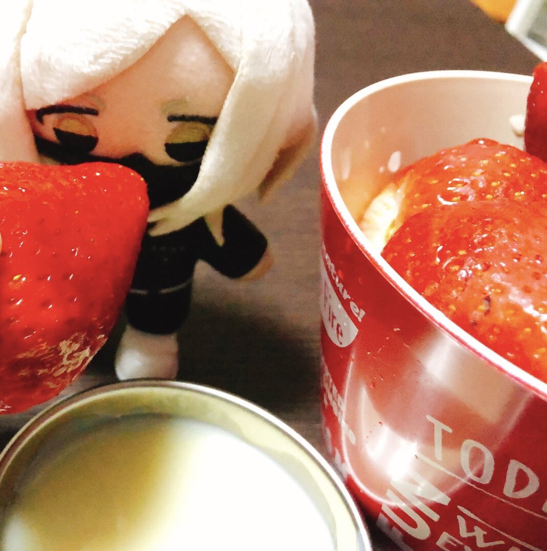 「たょぬいに、苺は練乳にdipして𝓀𝒾𝓈𝓈した後に食べるんだよ。と教えたら」|ホカャティのイラスト