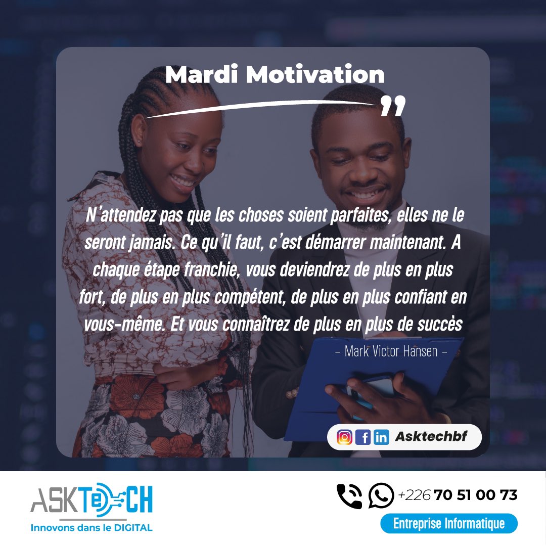 asktech_bf's tweet image. Faisons juste le grand saut💪🏿

ASKTech innovons dans le digital 🤩

#asktech #digital #motivation