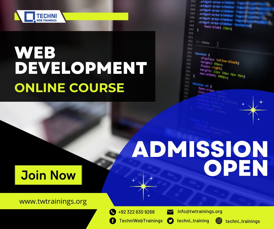 techni_training's tweet image. Join our Web Development Online Course and learn from A to Z how to Create and Manage Websites. 
For Courses Details visit: twtrainings.org
Contact us at: 
📞 +92 322 630 9268 
📧 info@twtrainings.org
#webdevelopment #onlinecourse #webdevelopmentonlinecourse
