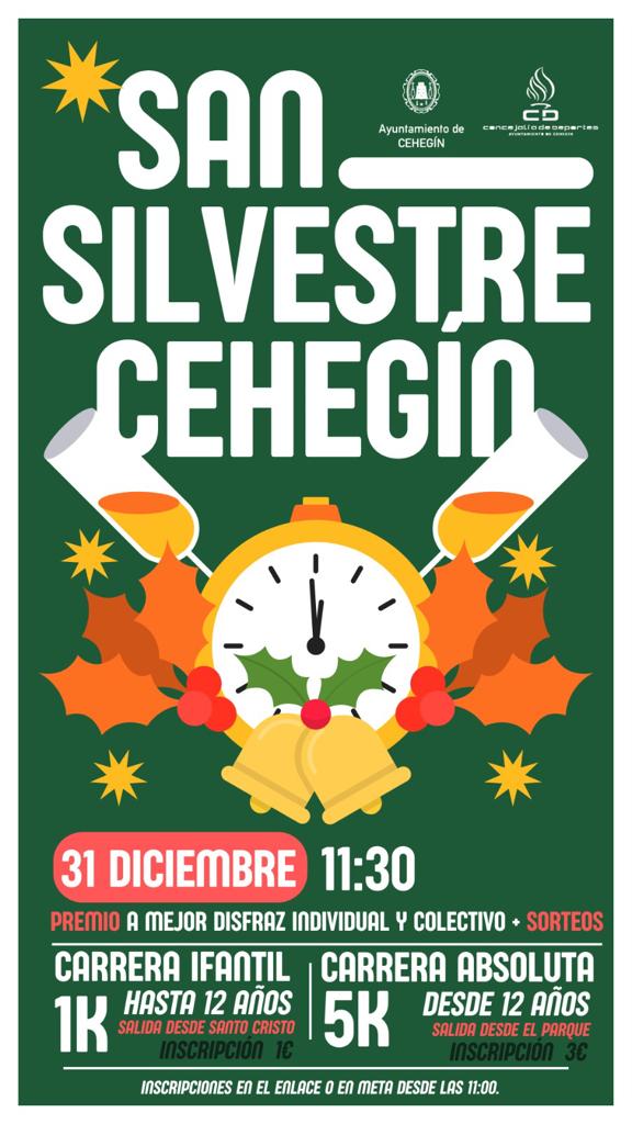 El próximo 31 de diciembre se celebrará  la popular San Silvestre de Cehegín, una prueba de carácter no competitivo que tendrá como punto de salida el Parque Ginés Ibáñez a las 11:30 horas. 
docs.google.com/.../1FAIpQLSeS…