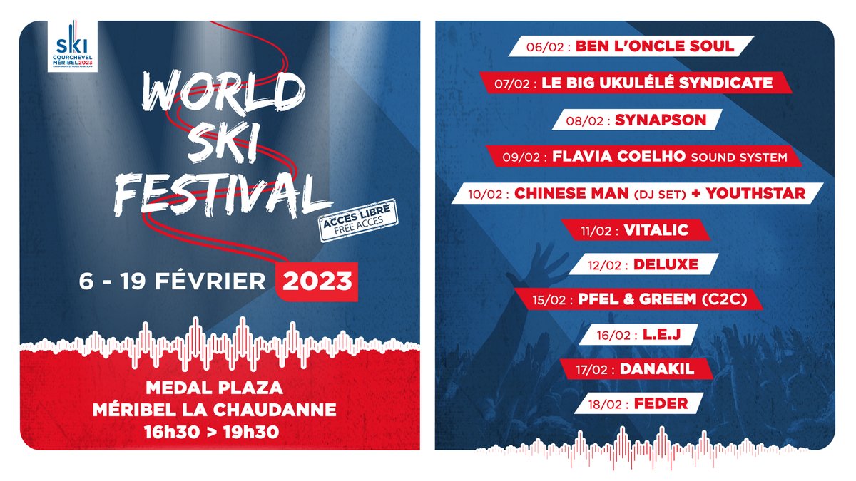 [WORLD SKI FESTIVAL]
Quoi de mieux que de venir s’ambiancer devant la Medal Plaza* après les épreuves sportives de la journée ? Découvrez la programmation de notre World Ski Festival ! 🎵 🔥
👉 pulse.ly/m9nreqzbrf
*Accès libre

#courchevelmeribel2023 #worldskifestival