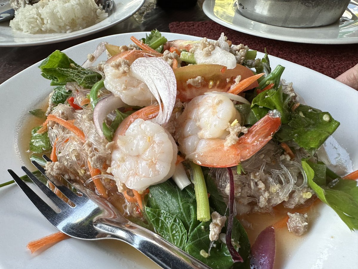 kafaak's tweet image. ยำวุ้นเส้นใส่กุ้งและหมูสับ ส้มตำไทย เมี่บงหมูสามชั้นทอด อร่อยทั้งนั้นเลย สั่งไป 6 อย่าง ข้าวเปล่า 3 จาน น้ำขวดใหญ่ น้ำแข็งอีก ประมาณ 1,700 บาท แพงสุดคืออิเนื้อย่างจิ้มแจ่ว 400 บาทนี่แหละ #triptwt
