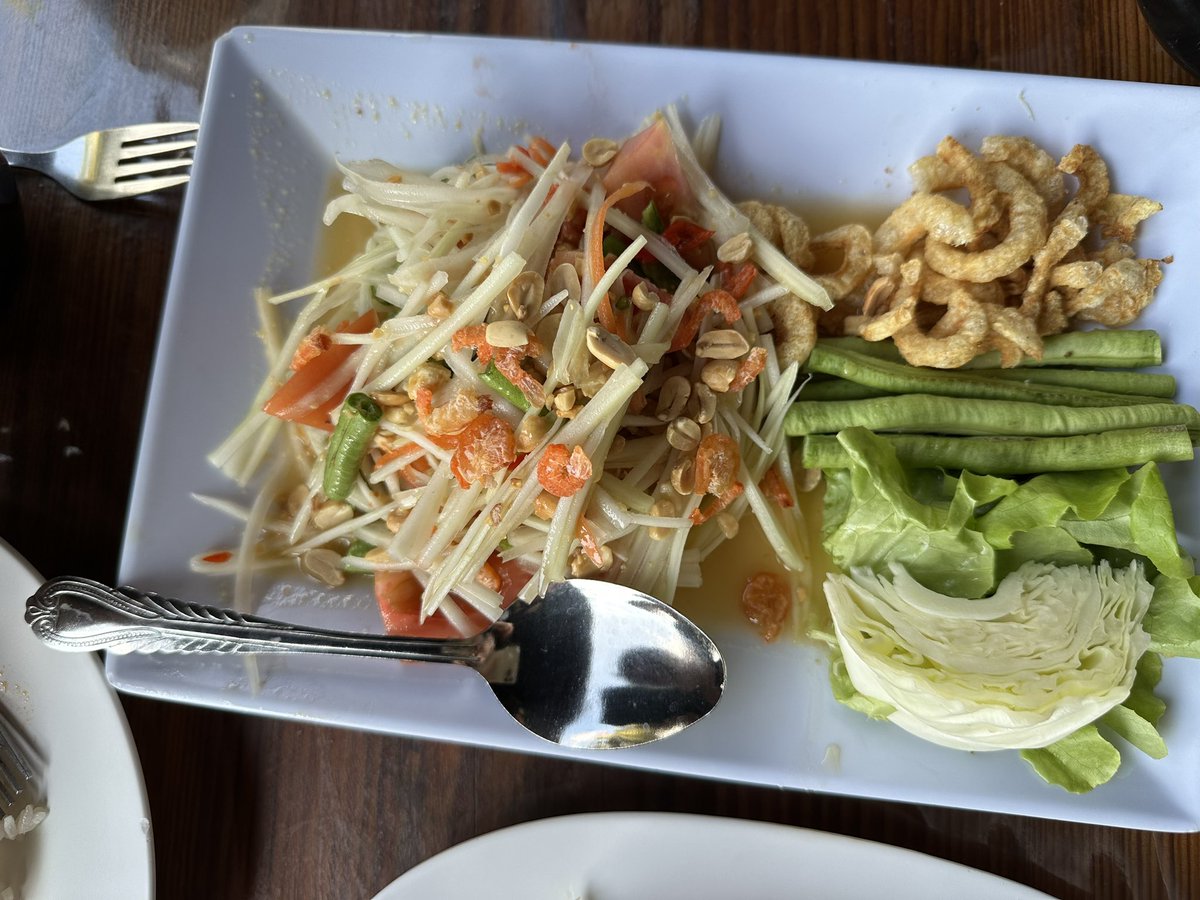 kafaak's tweet image. ยำวุ้นเส้นใส่กุ้งและหมูสับ ส้มตำไทย เมี่บงหมูสามชั้นทอด อร่อยทั้งนั้นเลย สั่งไป 6 อย่าง ข้าวเปล่า 3 จาน น้ำขวดใหญ่ น้ำแข็งอีก ประมาณ 1,700 บาท แพงสุดคืออิเนื้อย่างจิ้มแจ่ว 400 บาทนี่แหละ #triptwt