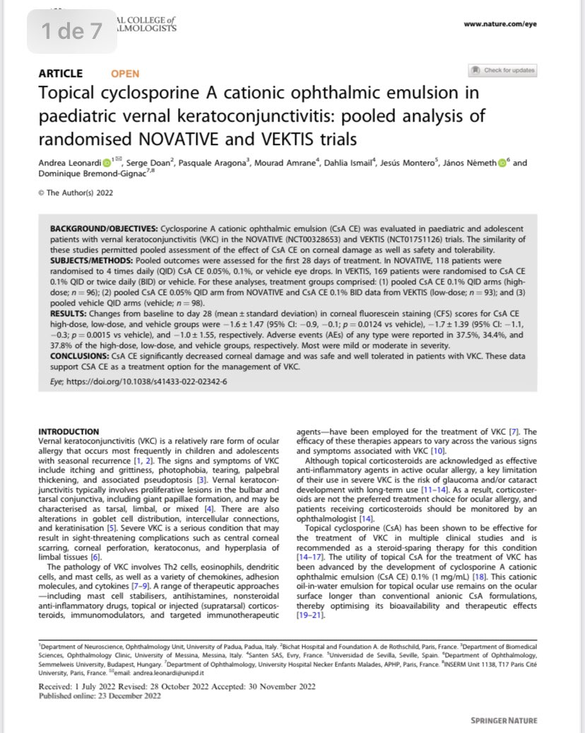 OftalmoMacarena's tweet image. Nueva publicación en #EyeJournal @RCOphth #NatureGroup sobre sendos ensayos clínicos con #Ikervis @SantenGlobal para #QueratoConjuntivitisVernal en población pediátrica. Enhorabuena a nuestro #CorneólogoEmérito #DrJesúsMontero‼️ #SomosMacarena👀 @OftalmologiaSEO @SAOoftalmologia