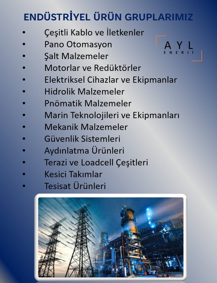 Tedariğini Sağladığımız Endüstriyel Ürün Gruplarımız..

Teklif Almak İçin;

info@aylenerji.com
satis@aylenerji.com

aylenerji.com

#elektrik #elektronik #hidrolik #pnömatik #otomasyon #tedarik #mekanik #kesicitakımlar #aydınlatma #loadcell #satış #endüstriyel #aylenerji