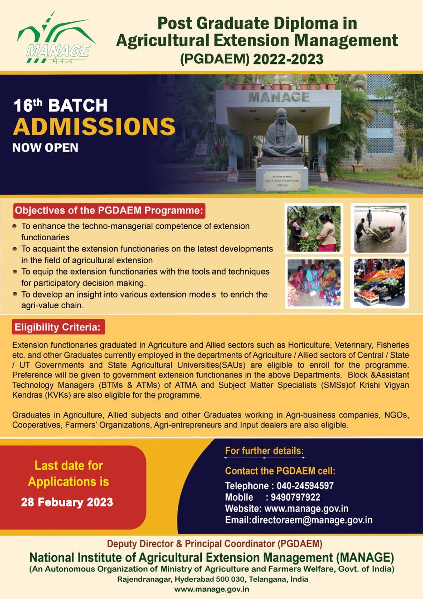 CgaManage's tweet photo. Admission Notification for 16th Batch of PGDAEM
Eligibility: Graduation in Agriculture &amp; allied discipline.
For further details please visit: https://t.co/exw8JOb04w
Watch this video for details about the program:  https://t.co/qGV7T3TzrU
@manage https://t.co/r2NnX0bGdw