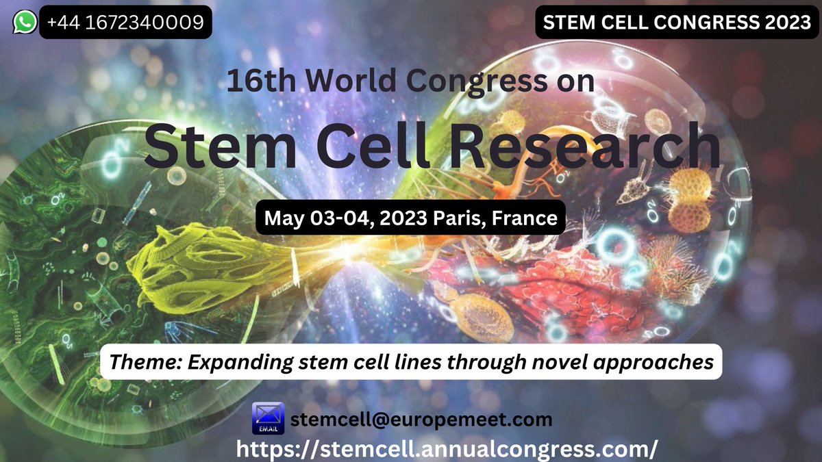16th World Congress on Stem Cell Research held on #May 03-04, 2023 in #Paris, #France
#Book your #speaker slots early to avail the #early bird offers.
For more info 
E-mail us: stemcell@europemeet.com
Whatsapp us: +44 1672340009
#stemcellcongress2023 #cells #research #Stemcells