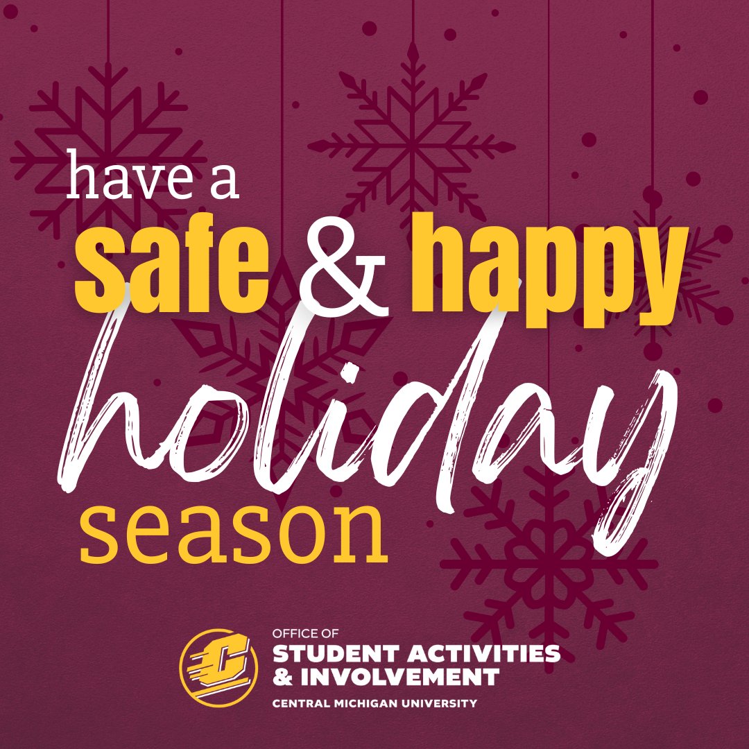 CMUActivities's tweet image. Happy Holidays from the Office of Student Activities and Involvement! Enjoy this time off and we&apos;ll see you in the new year! ❄️🔥☝️