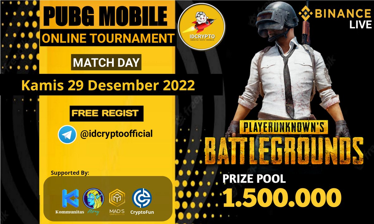 Turnamen PUBG Mobile🎮 - IDCrypto akhir tahun

Detail Turnamen :
- Match Day : 29 Desember 2022 Pukul; 16.00 WIB - 20.00 WIB - 22.00 WIB
- Pendaftaran akan ditutup tanggal 29 Desember 2022 pukul 13.00
- Biaya pendaftaran GRATIS

Daftar ke link ini
forms.gle/Bggz7TCPaLfYgb…