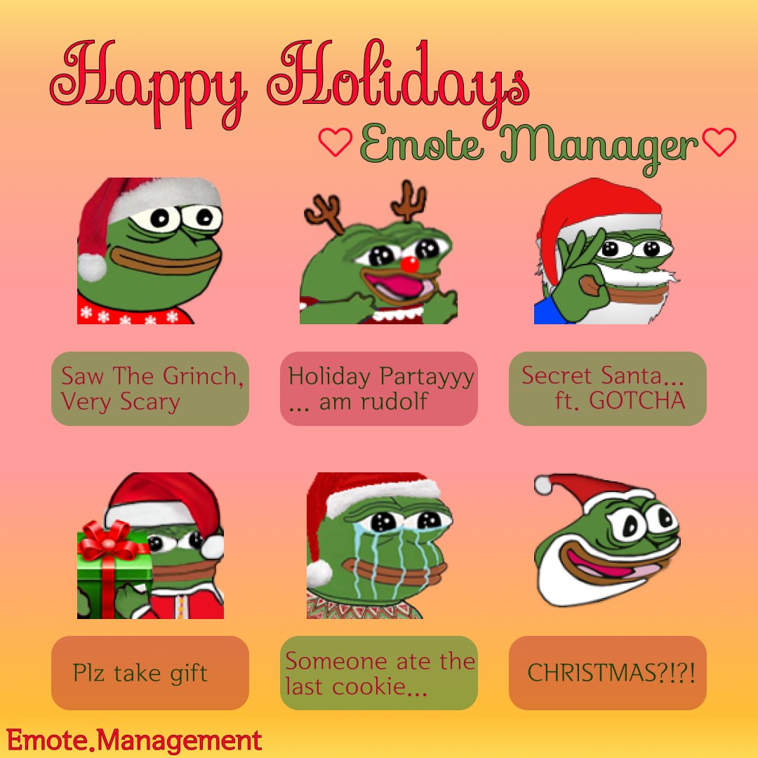 EmoteManager's tweet image. Woah!!! Everyone Get into the Holiday Spirit With Some Awesome Holiday Emotes!!! #EmoteManager #Christmas #Pepe