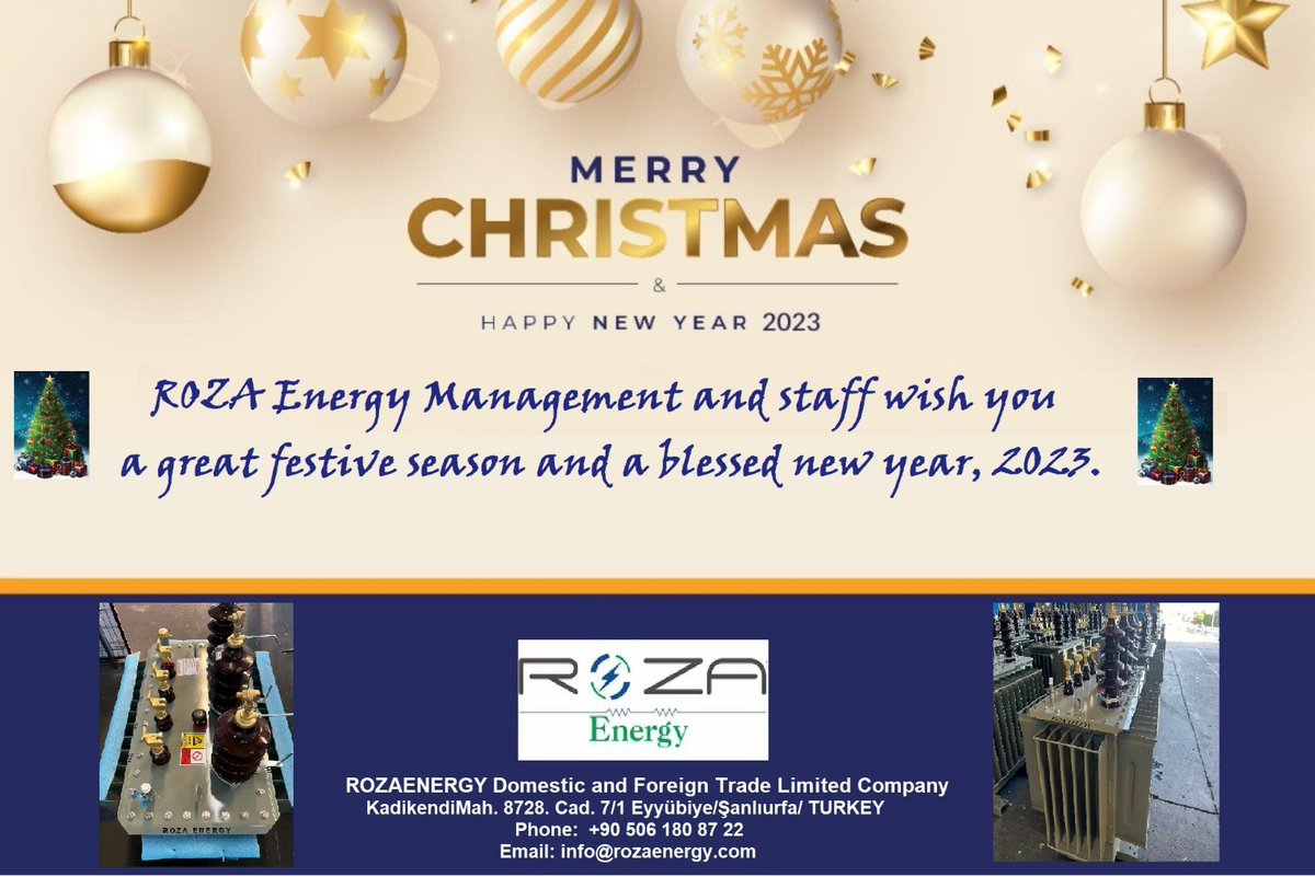 RozaTransfo's tweet photo. Merry Christmas &amp; Wonderful Prosperous New Year 2023.

#Roza #Transformers #Energy #DistributionTransformers #PowerTransformers #OilTransformers #DryTransformers #TurkeyTransformers #TurkeyExport #Türkiye #Turkey  #ElectricalEquipment https://t.co/vhguyotSfa