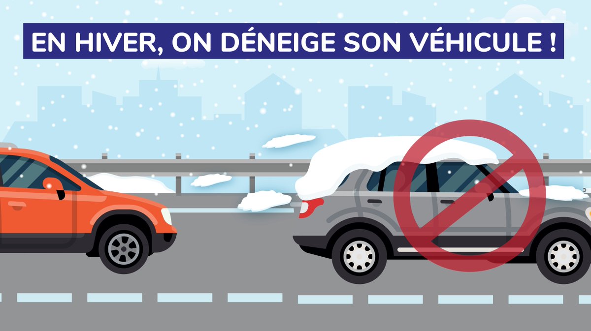 Avant de partir sur la route cet hiver, prenez le temps de déneiger complétement votre véhicule en faisant le tour des vitres, des rétroviseurs, du toit, du capot, des phares et de la plaque d'immatriculation : bit.ly/sécuritéHivern….