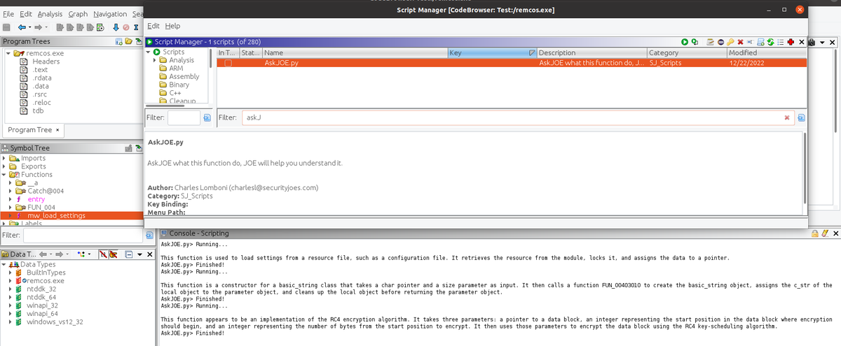 SecurityJoes's tweet photo. During our latest incident response, @charleslomboni implemented #ChatGPT into #Ghidra.
We've released the code so you could use it too:
https://t.co/p8x48JFhjW
Charles called it AskJoe 🤠

Enjoy &amp; share https://t.co/zfvgnTl24Y
