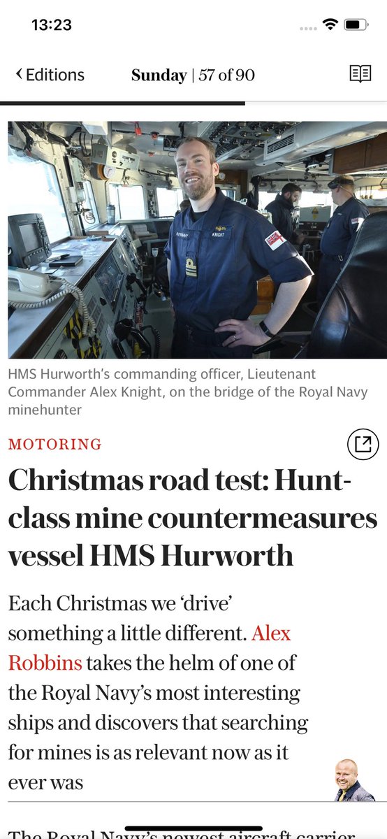 HMSHurworth's tweet photo. It was a pleasure to host @Telegraph @TeleCars earlier this month. You can check out Alex Robin’s (@Scrof) fantastic article on page 57 of todays paper!!! Anyone wishing to fine the CO for having his name in the article please do, the wardroom bar needs restocking! #TheHuntGoesOn https://t.co/nFlCOzqYji