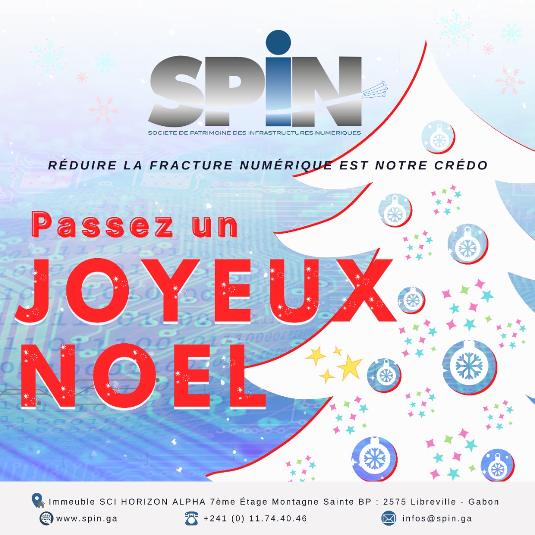 // Réduire La Fracture Numérique //
Société de Patrimoine des Infrastructures Numériques (SPIN)

🎆Que ces jours de fête, riches en sérénité, vous apportent paix et bonheur. Meilleurs vœux et joyeux Noël !

#Gabon 
#fibreoptique