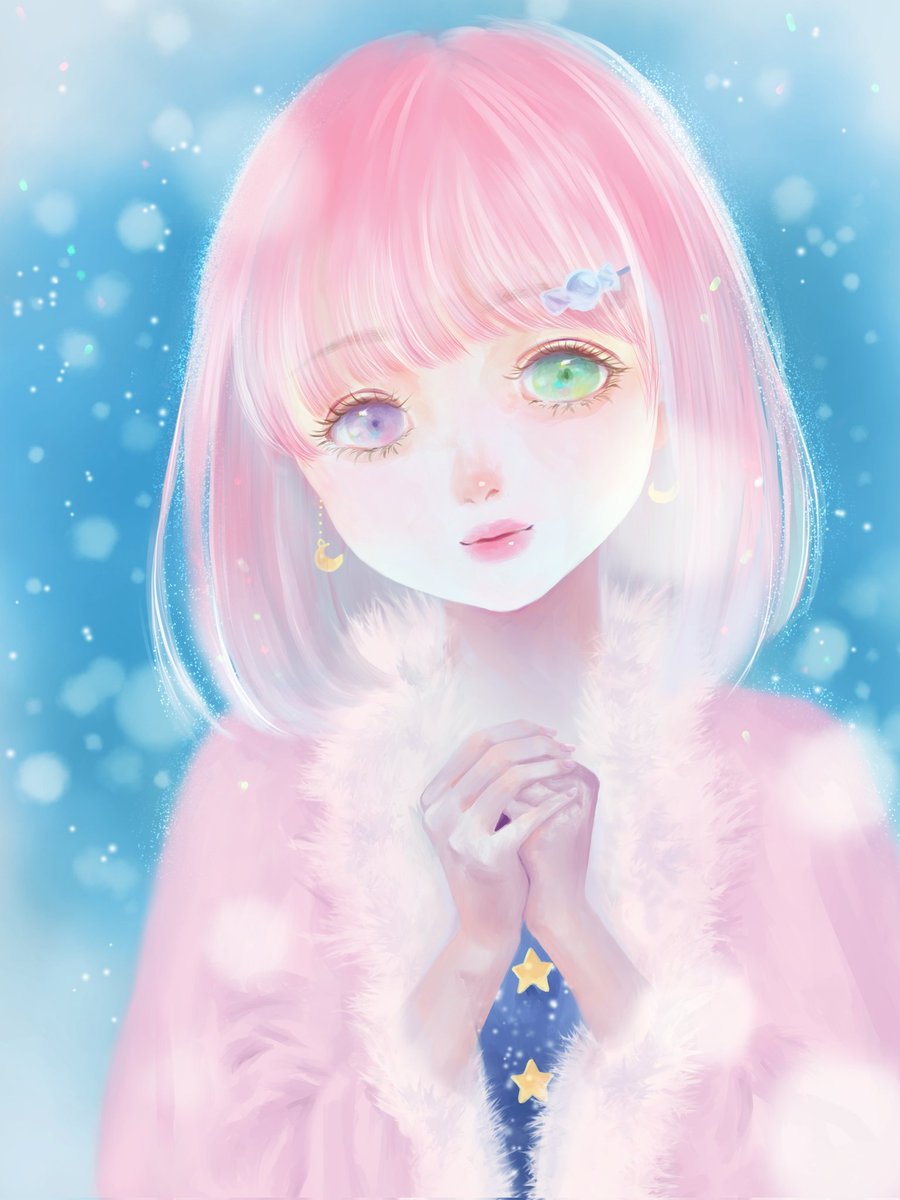 himemori luna 1girl solo pink hair heterochromia candy hair ornament hair ornament green eyes  illustration images