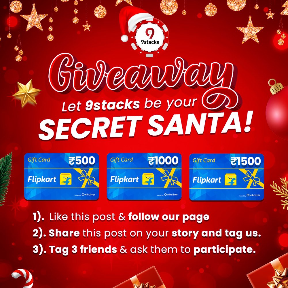 9stacksonline's tweet image. Santa is here for 3 lucky people🥳
Follow these steps and get a chance to win a flipkart voucher worth upto 1500👀
➡️Ranking will be on the basis of maximum engagement✔️
Note:All the steps are mandatory,
Results will be declared on 28th Dec,22 till then keep engaging🥳
#Christmas