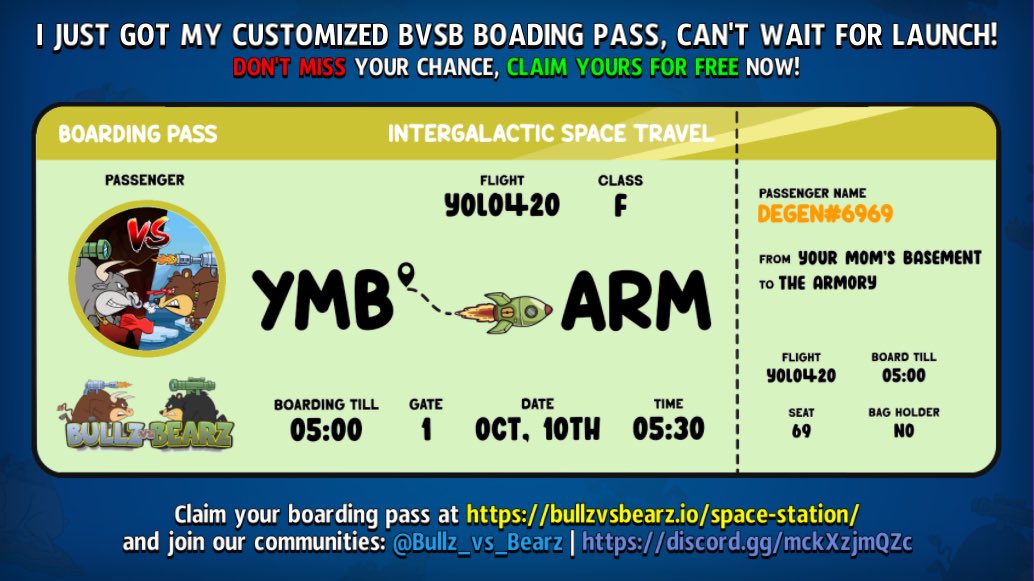 AlinaB_HQ's tweet photo. Just got my Boarding Pass, tnx @Bullz_vs_Bearz!🎟
Get Your Free Seat On The Rocket Before It Blasts Off And Leaves You Behind!🚀

Claim Your Free Pass Here: https://t.co/pBfxAicJlE✅

#CNFT #Cardano #CNFTCon2022 #BvsB https://t.co/3BPTHX6IIq