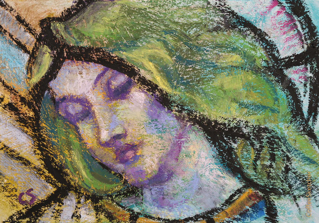 Mary: a detail of the Annunciation by Louis Davis, 1898 for Powell & Sons at Kelvedon, Essex 
oil pastel, A4
#PortraitChallenge from @StudioTeaBreak
#pastelart #pasteldrawing #coffeesketcher #cs #oilportrait #oilpastel #thursday #essex #englishpainter #LouisDavis #Annunciation