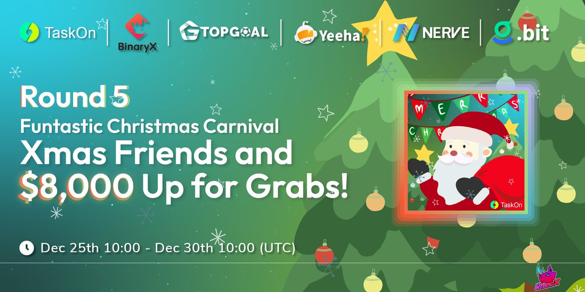 taskonxyz's tweet photo. 🎄Merry Christmas! 🎅Santa is coming to town with BIG Gifts!

🎁 #XmasFriends #CAP + $8,000 #giveaway!
⏰ Dec 25-30, 2022
 
👼Special Guests: @TopGoal_NFT @binary_x @YeehaGames @nerve_network @dotbitHQ @RhinoX_NFT
 
🎉Let’s celebrate: https://t.co/M1VEguyYBt https://t.co/xi9R3vme6A