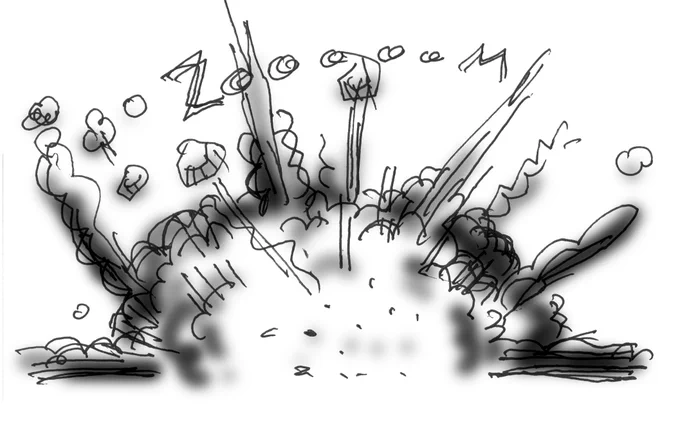 小学生の時に本屋さんで見たKISSのアメコミで覚えたのがいまだに(今描いた)自分の中での爆発パターンのルーツなので全然アップデート出来ていない >RT 