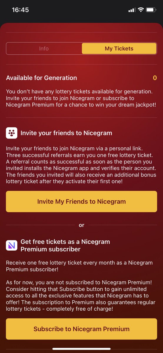 Nicegram tổ chức xổ số 
Tổng giá trị giải $USD 200M 
Có 2 cách tham gia
Cách 1 mời ref nicegramap.onelink.me/gn7C/tz952xn9 (AE tải nicegram thì dùng link ref của mình rồi thì cmt xuống cho mọi người chéo) 
Cách 2 mua gói premium giống tele. 
AE tham gia nhỡ đâu đổi vị thế