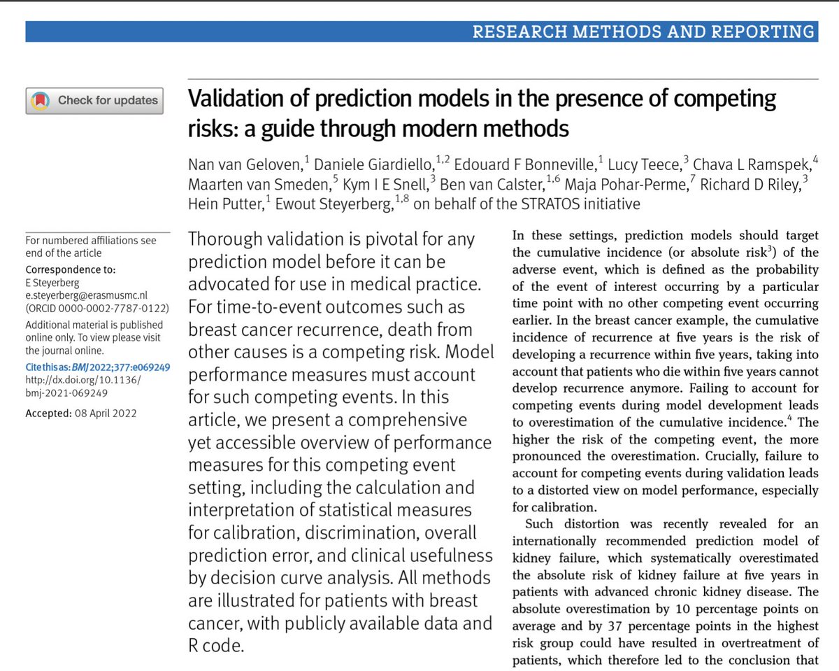 Maarten van Smeden (@maartenvsmeden) on Twitter photo #8: Dealing with competing risks when validating a prediction model can be challenging. This paper on behalf of <a href="/stratosinit/">The STRATOS initiative</a> gives guidance and R code
Open access 👉 doi.org/10.1136/bmj-20… #8: Dealing with competing risks when validating a prediction model can be challenging. This paper on behalf of <a href="/stratosinit/">The STRATOS initiative</a> gives guidance and R code
Open access 👉 doi.org/10.1136/bmj-20…