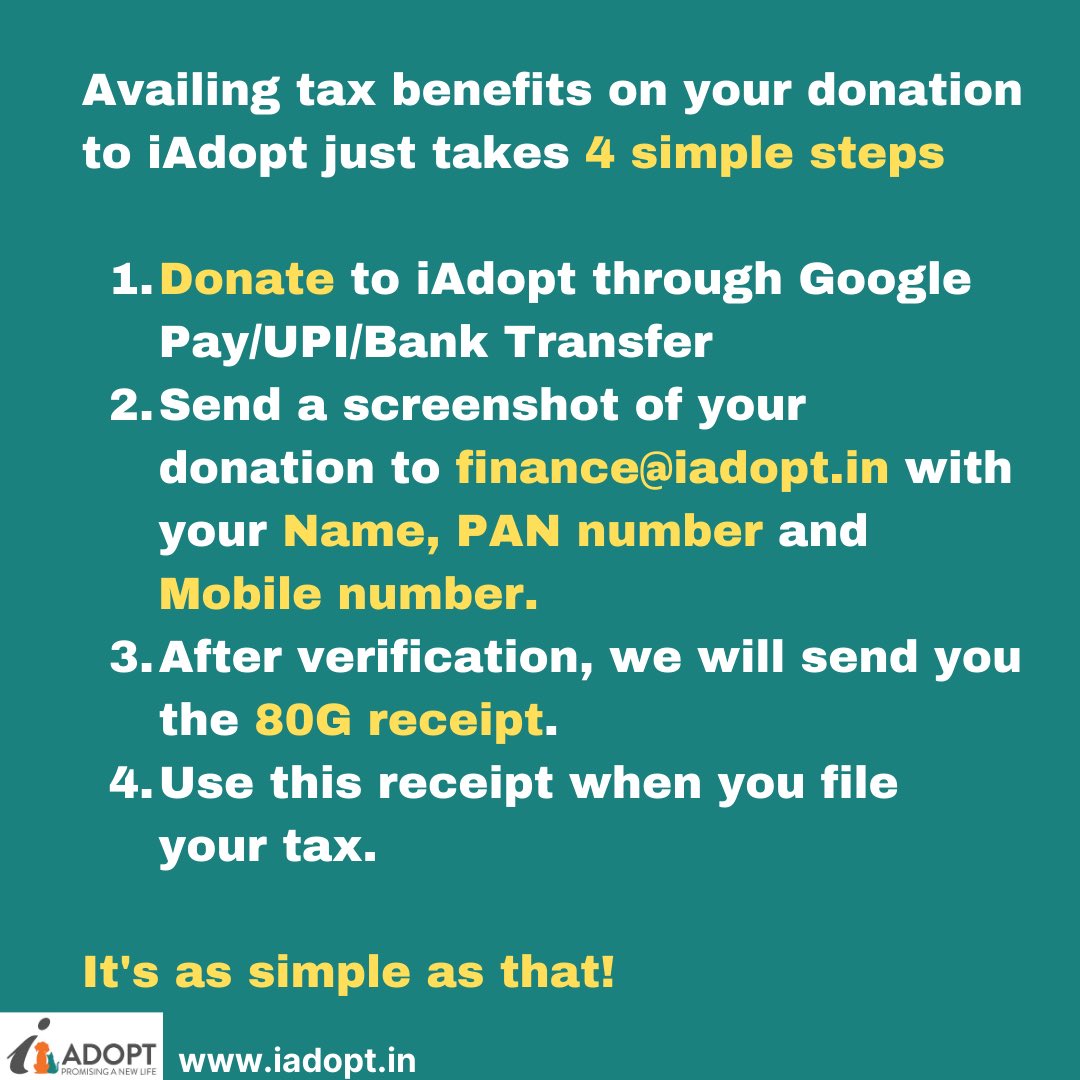 iadopt_in's tweet photo. Four simples steps:
1) Donate
2) Email your Name, Phone &amp; PAN to finance@iadopt.in
3) We send 80G receipt
4) Claim your tax deduction! 🥳 https://t.co/pkSz786t1E