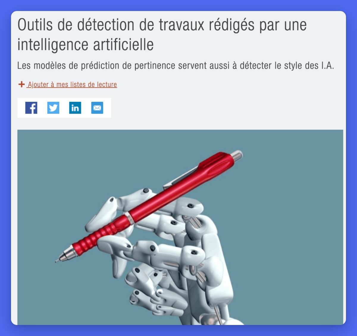 NicolasRoland's tweet photo. – "Outils de détection de travaux rédigés par une intelligence artificielle"

Une course bête, méchante (et perdue d'avance) est lancée...

Plutôt que de repenser/adapter les pratiques d'enseignement et d'apprentissage. 

C'est vrai, la technologie est toujours la solution... https://t.co/zwSqNT7IxJ