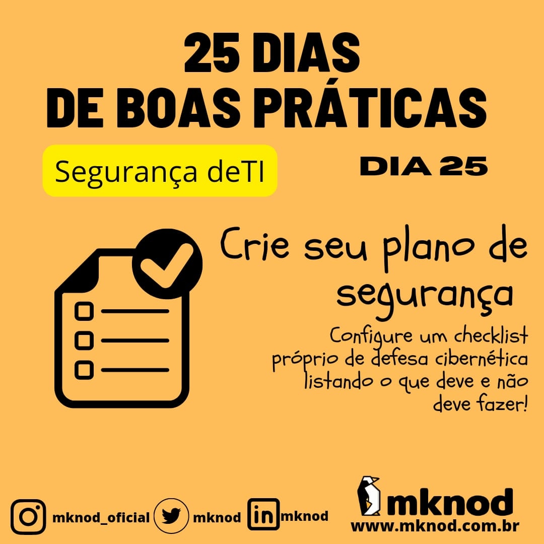 mknod's tweet photo. Tenha um checklist simples, que de forma habitual, utiliza-se sempre, garantindo a sua própria segurança!
#CyberSec #hacker #malware #ransomware #dataprotection #protecaodedados #lgpd #gdpr #boaspraticas #segurancati #segurancadainformacao https://t.co/Fr1NX25Aj0