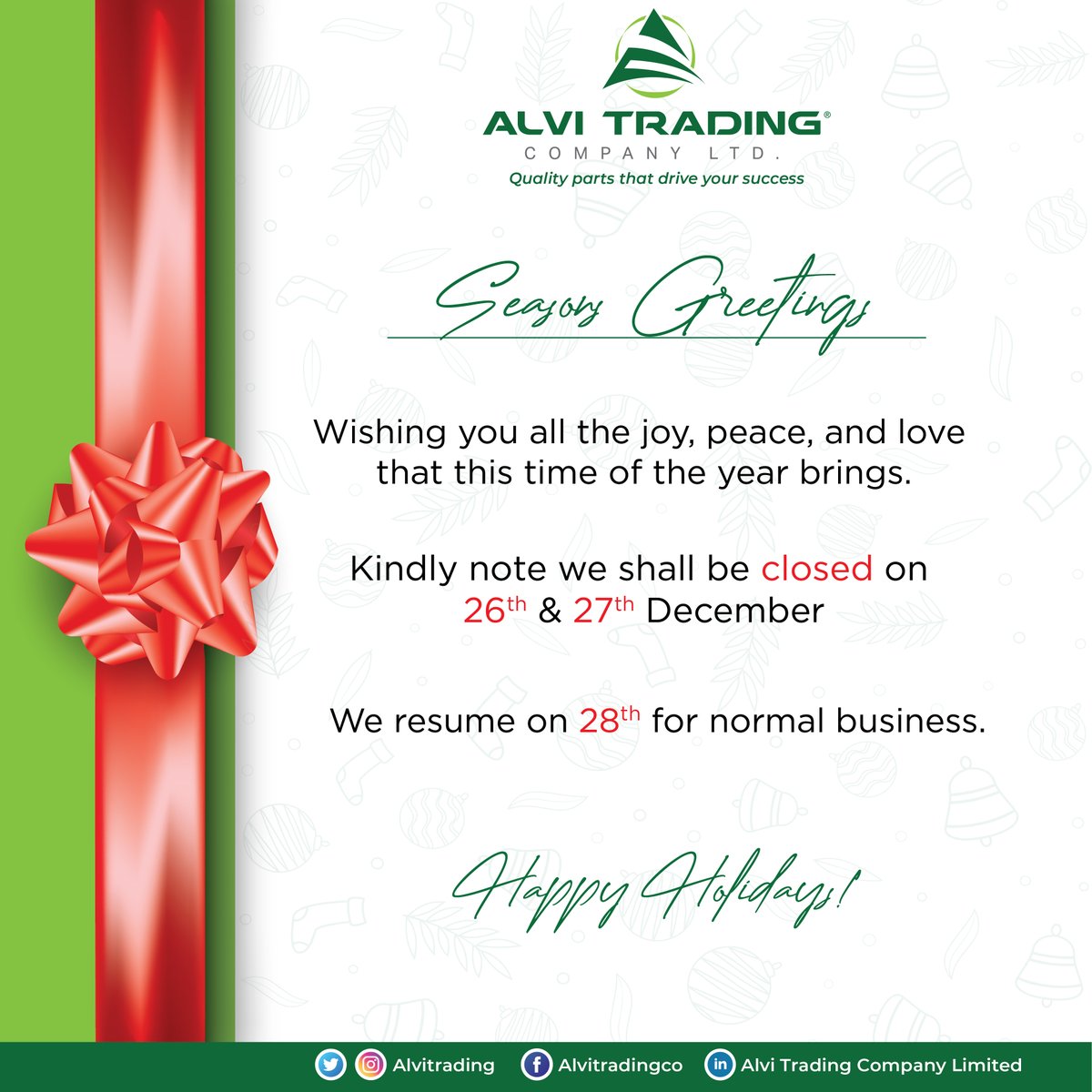 AlviTrading's tweet photo. HAPPY HOLIDAYS🥳🥳🥳🥳

#teamalvi #genuine #delivery #heavycommercial #actros #suspension #filterhousing #gogreen💚 #FestiveSeason  #december  #Spares #sunday  #Holidays https://t.co/Urg9Cmr0Ze