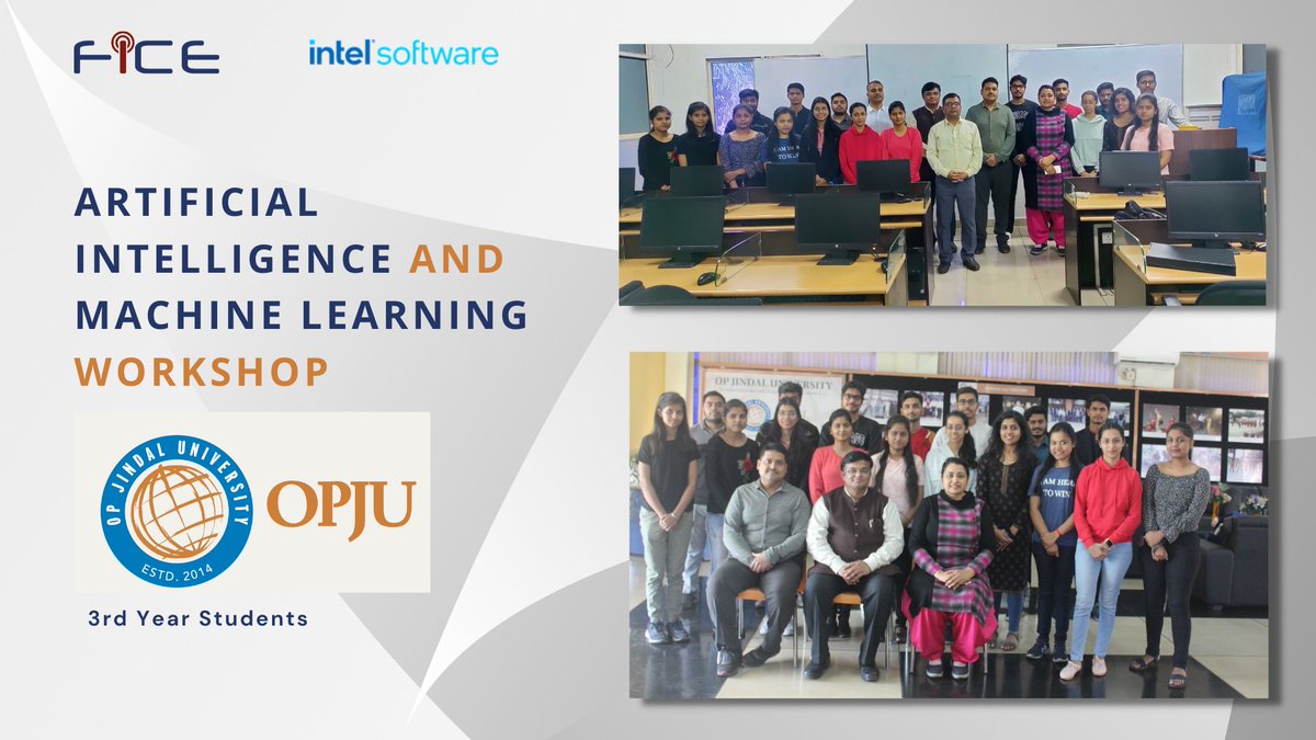 ficeindia's tweet photo. FICE conducted a 5-day long interactive workshop on Artificial Intelligence and Machine Learning for 3rd year students of OP Jindal University.  The training was taken by Intel® Certified Instructor Yogesh Raje and Usha Mary Sharma.

 For more info, visit https://t.co/cCEZfunP9b https://t.co/yK86liOHta