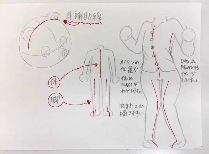 「俺はこうしてる」のコーナー

顔を描くときに十字の補助線を引くのはよく見るけど、たぬきちのような耳がついてるキャラを描くときは 耳の補助線も描きます
左右対称な耳の位置が掴みやすくなってデッサン的な狂いも減らせます

他には体を描くときも補助線引きます
よく使うものを紹介しときます 