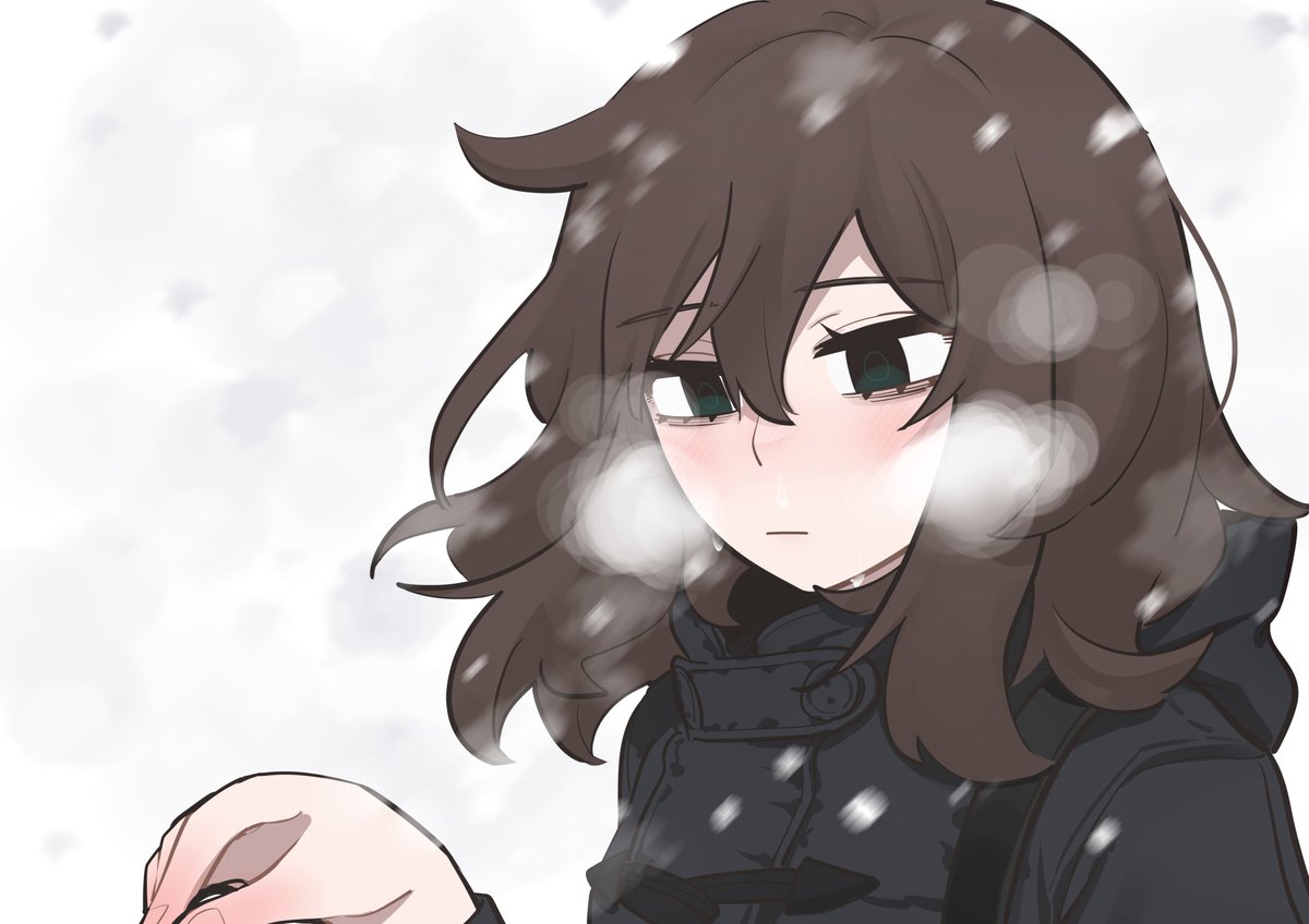 1girl solo brown hair snowing bags under eyes breath blush  illustration images
