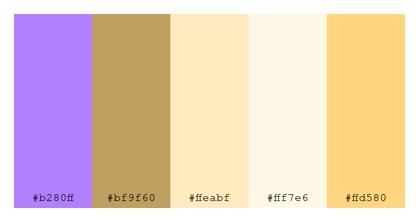 ColPaletteBot's tweet photo. Beep beep, here's a pretty color palette for you!
color-scheme.js parameters used:
- hue: 70
- variation: light
- colors: #b280ff, #bf9f60, #ffeabf, #fff7e6, #ffd580
Have a lovely day!
#twitterbot #colorpalette #colors #palette #prettycolors https://t.co/mgzDZuhIW2