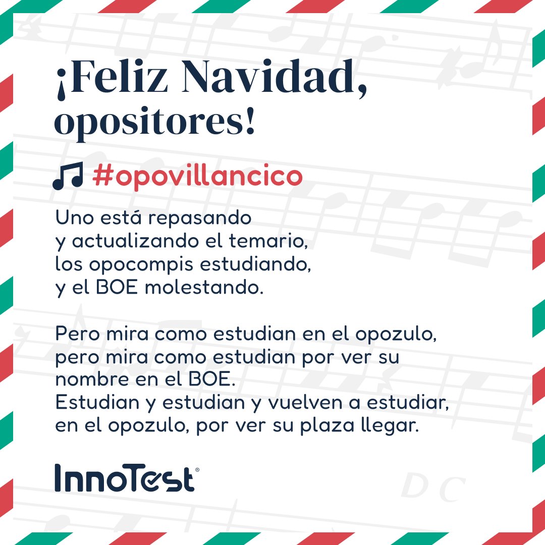 InnoTestES's tweet photo. ¡Feliz Navidad, opositores! 🥰

Da igual que sea verano, un día cualquiera o Navidad. Nunca verás a un opositor sin consultar el BOE o revisar si hay alguna novedad. Todo ese esfuerzo se convertirá en una plaza. ¡A por ella! 💪

#InnoTest #oposiciones https://t.co/ruSBn3z0yt