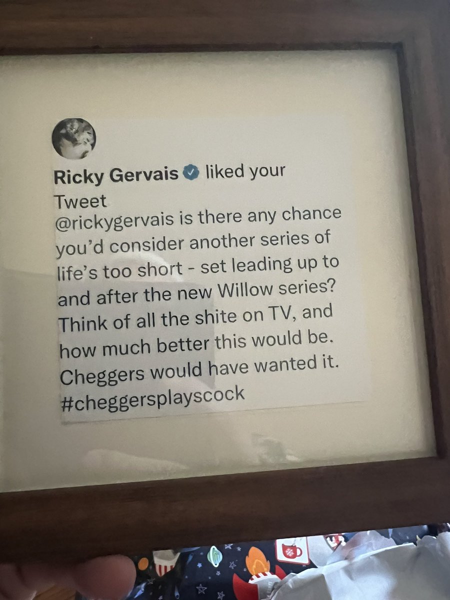 Best gift ever. My tweet liked by <a href="/rickygervais/">Ricky Gervais</a> in a frame. Amazingly, still liked by ONLY <a href="/rickygervais/">Ricky Gervais</a>. What a day.