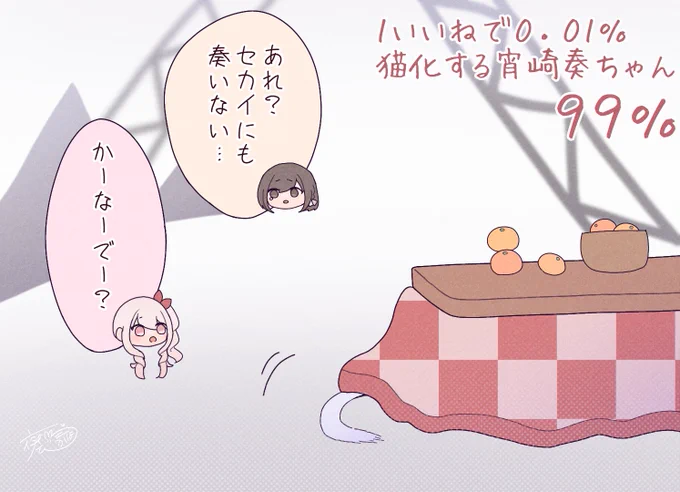 1いいねで0.01%猫化する宵崎奏ちゃん 9999 #prsk_FA 「…ミク、奏見なかった?」「ううん、見てない…」  