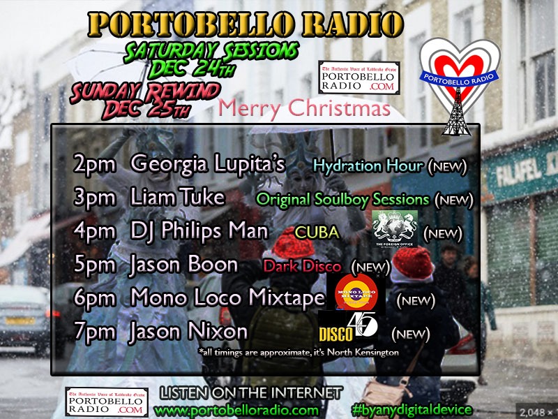 PortobelloRadio's tweet photo. For the #alternative #ChristmasDay 2pm join us for a festive lineup https://t.co/wkzicHzZwz #djmixes frm Georgia #HydrationHr #world #LiamTuke #SoullBoy #Philiman #Cuba #hiphop Jason Boon #DarkDisco  #MonoLoco #jazz #JasonNixon #Disco45 #electricfunk &amp; #live #DnB #LockedOffCrew https://t.co/F2Go7CALlS
