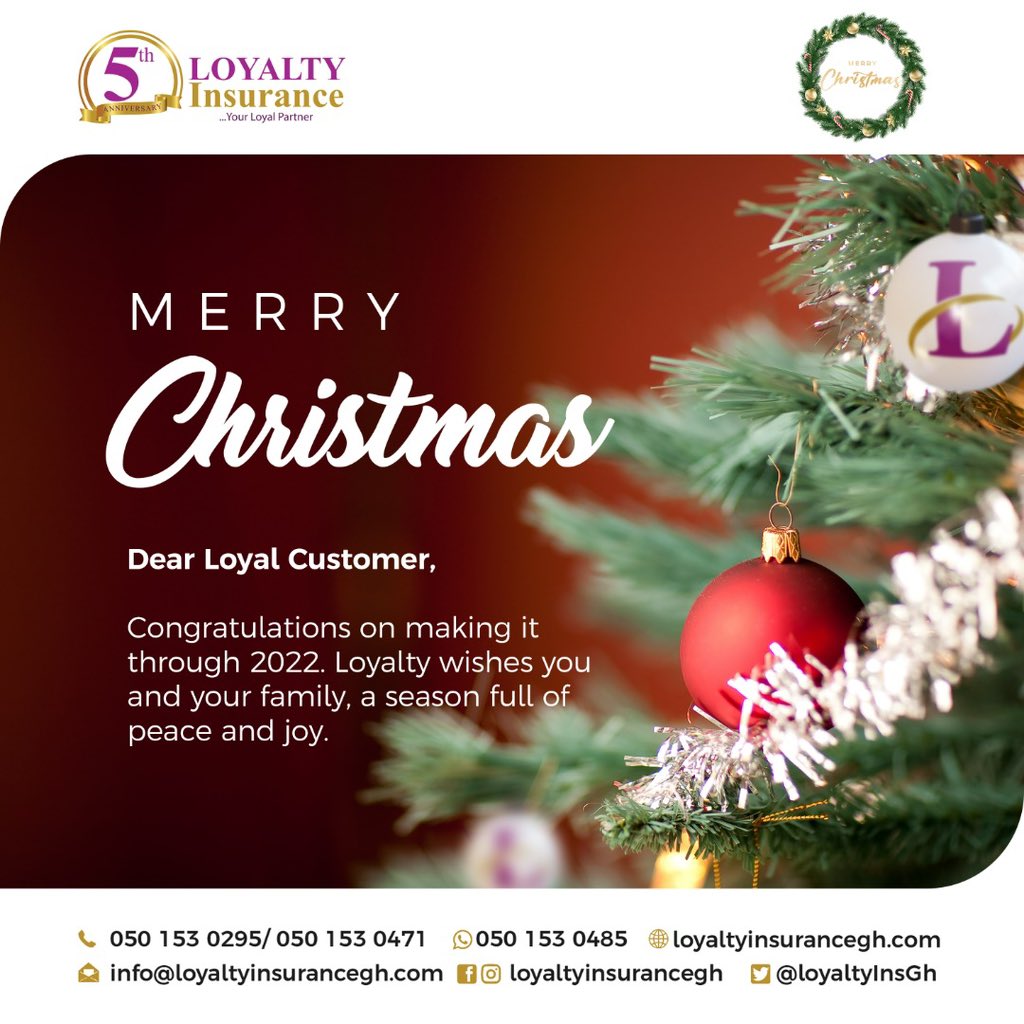 LoyaltyinsGh's tweet photo. Loyalty wishes you a Merry Christmas 🎄🥳
May this season be full of light and laughter for you and your family.
#loyalty #loyaltyat5 #loyaltyinsurance #christmas #merrychristmas🎄 #insurances #i̇nsurancecompany https://t.co/MRA8yS2BIb