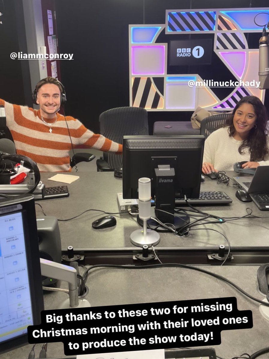 Liam Conroy (@liammconroy) on Twitter photo It’s always a joy to produce the <a href="/BBCR1/">BBC Radio 1</a> Breakfast Show on Christmas Day. An iconic festive moment!
Team <a href="/MilliNuckchady/">Milli Nuckchady</a> & <a href="/jordannorth1/">Jordan North</a> 🎄🧡🙏 It’s always a joy to produce the <a href="/BBCR1/">BBC Radio 1</a> Breakfast Show on Christmas Day. An iconic festive moment!
Team <a href="/MilliNuckchady/">Milli Nuckchady</a> & <a href="/jordannorth1/">Jordan North</a> 🎄🧡🙏