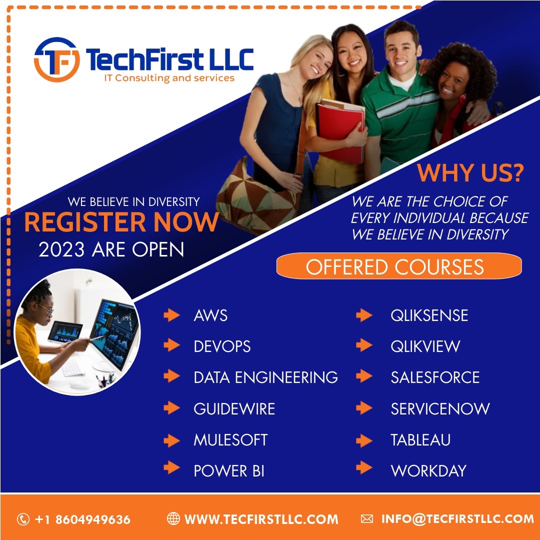 TechfirstH's tweet image. #ittraining #placement #awscloud #powerbi #dataengineering #tableau #guidewire #workday #mulesoft #servicenow #salesforce  #devops #devopsengineer #techfirstllc #usa 
tecfirstllc.com
Email - info@tecfirstllc.com 
Tel : +18604949636 
South Windsor, Connecticut, USA