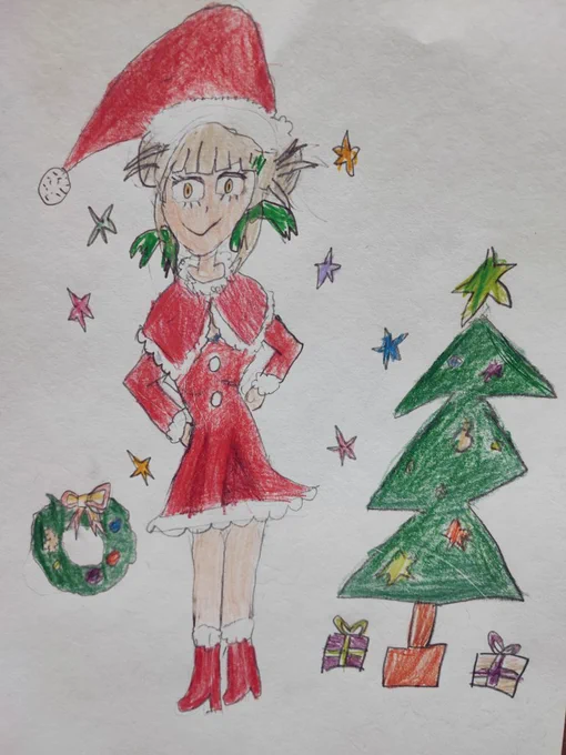・トガヒミコ(娘)キラキラのクリスマスサンタコスチュームとリースにツリーがとっても素敵#ヒロアカ#僕のヒーローアカデミア#トガちゃん#変身#7歳の落書き#落書き#イラスト 