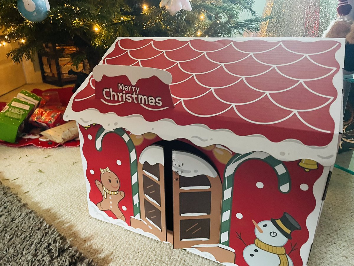 Merry crispmouse pals! Santa bought us a new house! Cookie is currently in residence! 🎄🐾🧑‍🎄 #christmas #cats #CatsOfTwitter #hedgewatch #catsontwitter