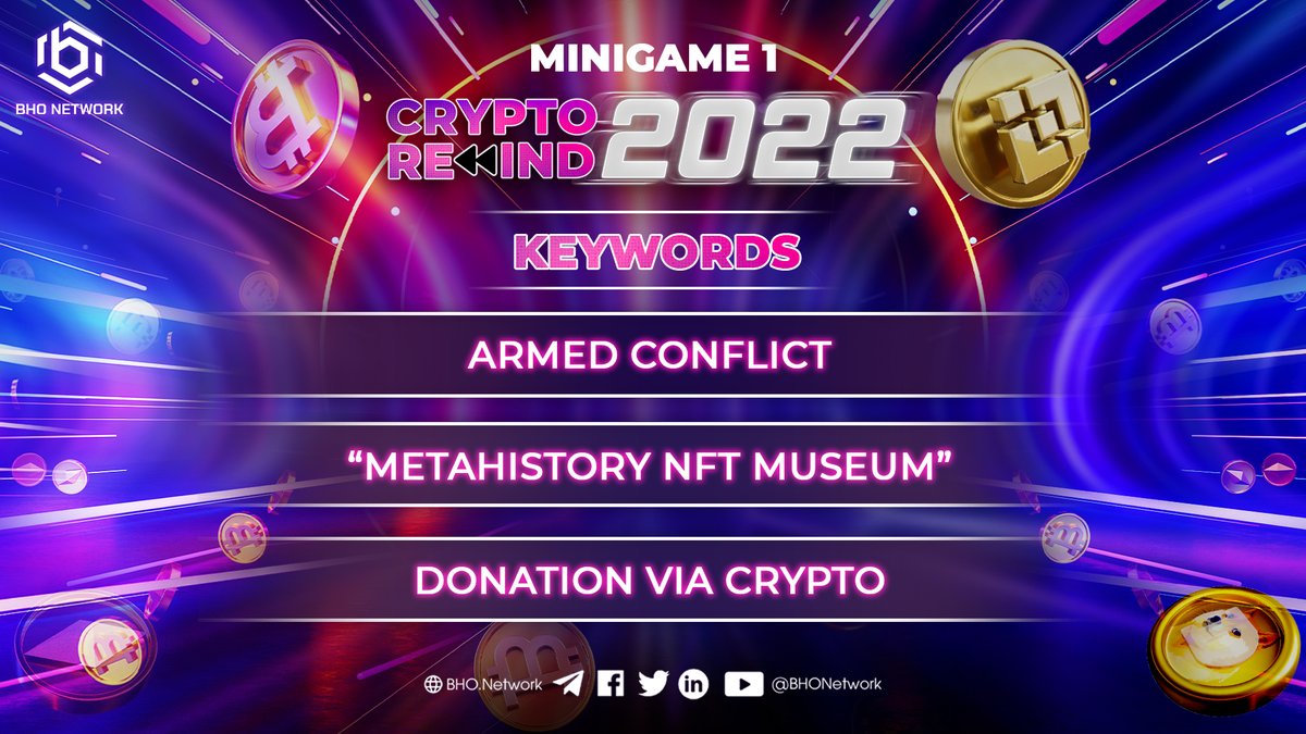 #MINIGAME 1: CRYPTO REWIND 2022 🔥 

⏰ 7PM 25/12 - 12 PM 26/12 (GMT+7)

🔑 HINT KEYWORDS: 
⚡️ Armed conflict 
⚡️ "MetaHistory NFT Museum" 
⚡️ Donation via Crypto 

🎁 PRIZE: 10 USDT 

Can you guess which event this is? Comment the answer at: t.me/bhonetwork_cha…