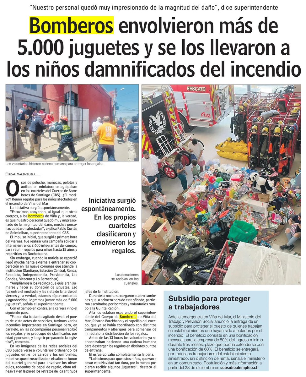 BomberosdeChile's tweet photo. 𝗙𝗘𝗟𝗜𝗭 𝗡𝗔𝗩𝗜𝗗𝗔𝗗 | Bomberos @cbsantiago envolvieron más de 5 mil juguetes para niños damnificados del incendio en  Viña del Mar https://t.co/Euj5gmMIFc