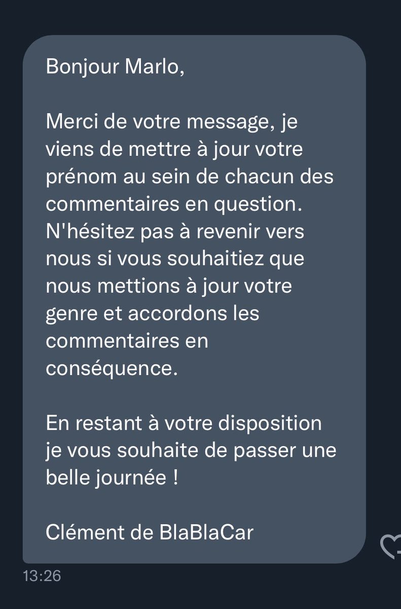 supermarl0ball's tweet photo. J’ai envoyé un dm à blablacar parce qu’il y a mon deadname dans les avis qui sont sur mon profil et que je savais pas si on pouvait les enlever et ils m’ont répondu ça je vais PLEURER <33333333333333333 https://t.co/2mynMTvX9u