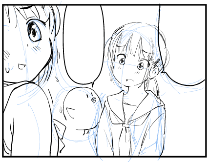 下描きを省略するようになりましたが、これぐらいのアタリは引いてます。でないとさすがに取りかかれないので…(まぁ結構無視してペン入れてますが)。
それにしてもこのシリーズ、めちゃくちゃ描きやすい。もはやくだらなさ過ぎて誰得なマンガになってますが、気にせずに描き進めていきます。