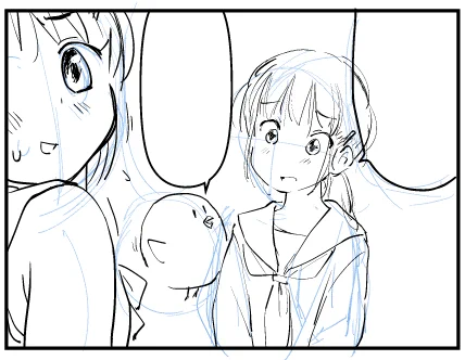 下描きを省略するようになりましたが、これぐらいのアタリは引いてます。でないとさすがに取りかかれないので…(まぁ結構無視してペン入れてますが)。
それにしてもこのシリーズ、めちゃくちゃ描きやすい。もはやくだらなさ過ぎて誰得なマンガになってますが、気にせずに描き進めていきます。 